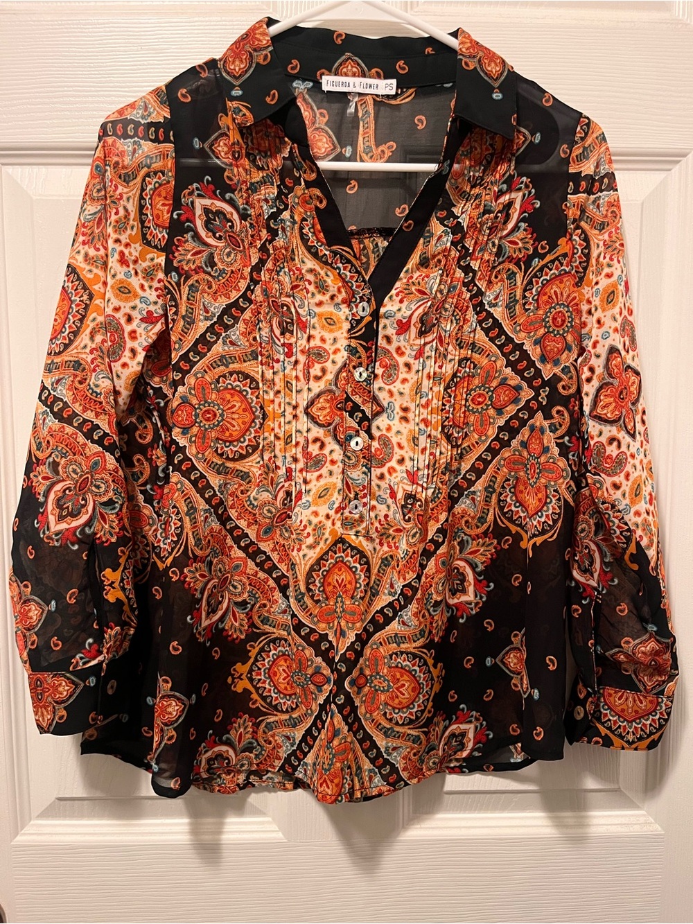 Figueroa & Flower Paisley Button-Front Blouse — Black & Orange Size PS